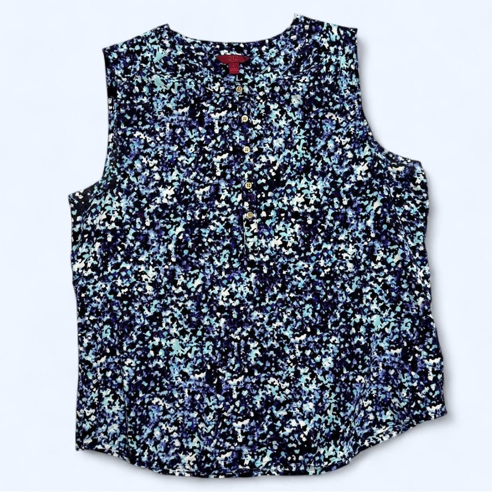 212 Collection L Blouse Blue Multi Abstract Pebble Sleeveless Top Career Office